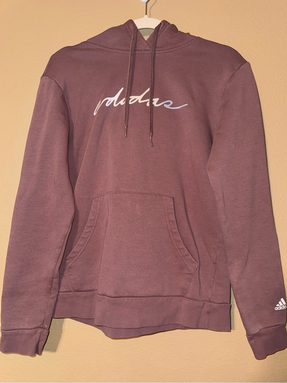 Adidas Women’s Script Logo Hoodie Dusty Mauve Purple Pullover Size S